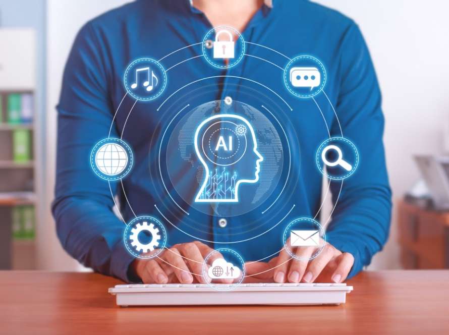 AI-enhanced workflow solutions for everyday tasks. Man using laptop with AI icons and virtual interface. Boost productivity and efficiency with artificial intelligence technology